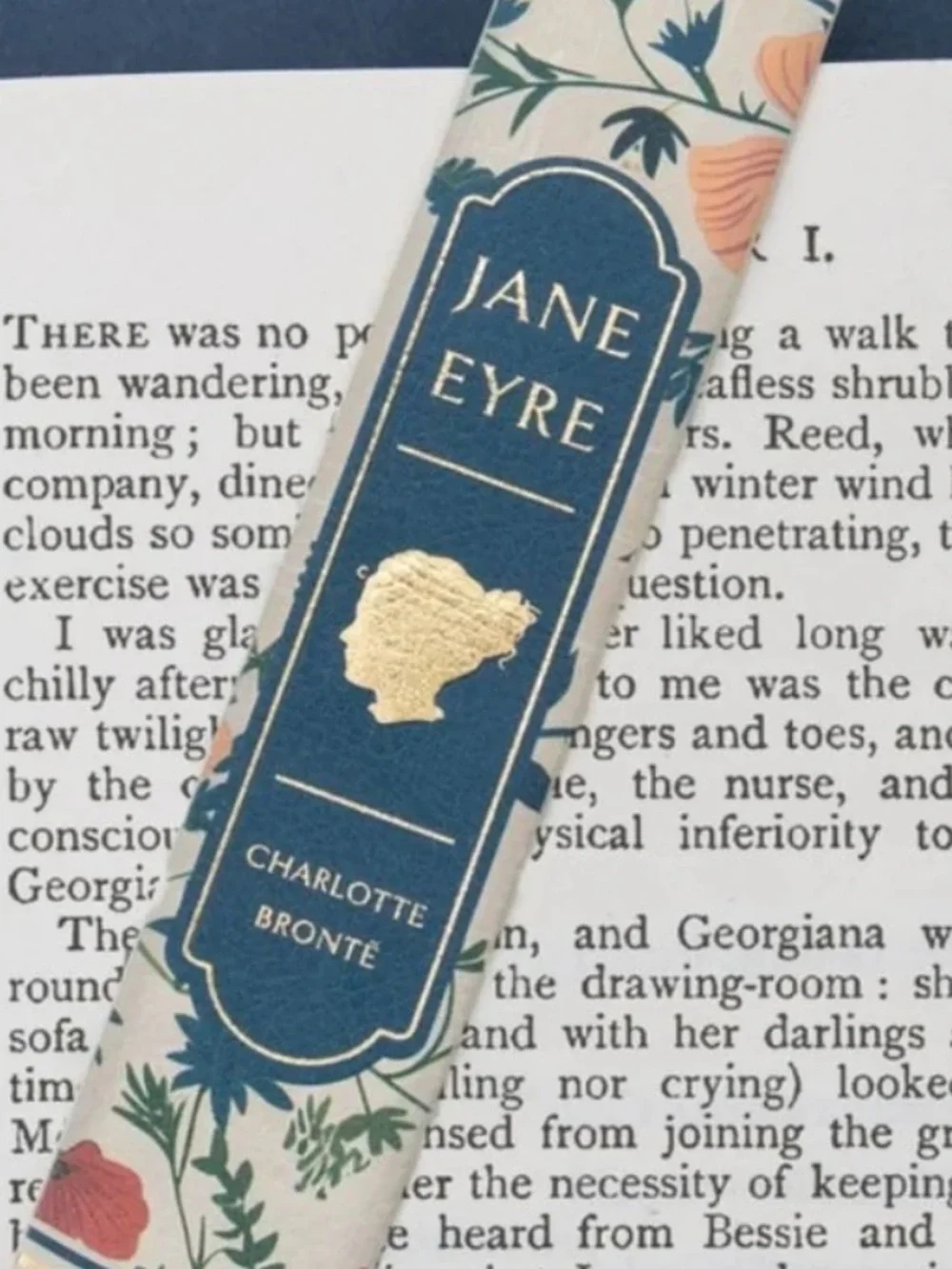 Portico Designs JANE EYRE Faux Leather Book Spine Bookmark Teal Blue Floral